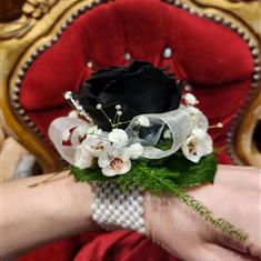 Black Rose White Ribbon amd Diamond Corsage