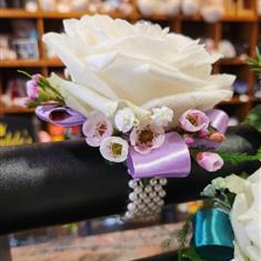 Purple Ribbon White Rose and Diamond Corsage